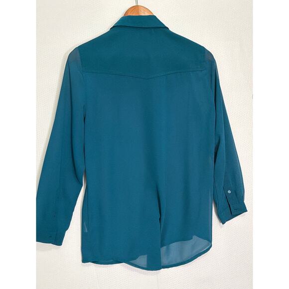 American Eagle Outfitters Small Sheer Teal Button Front Long Sleeve Blouse - Picture 8 of 10